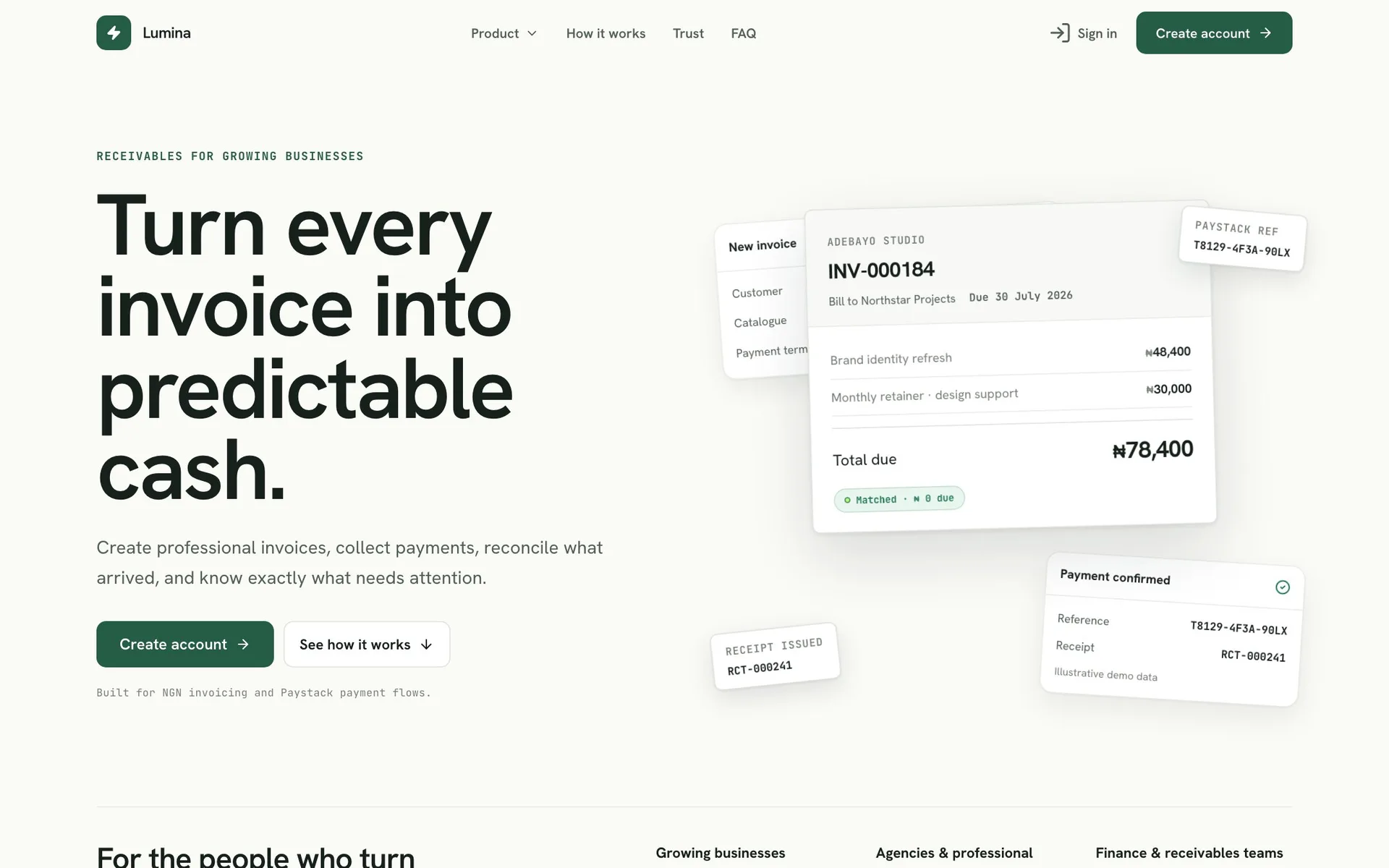 Lumina home — Turn every invoice into predictable cash